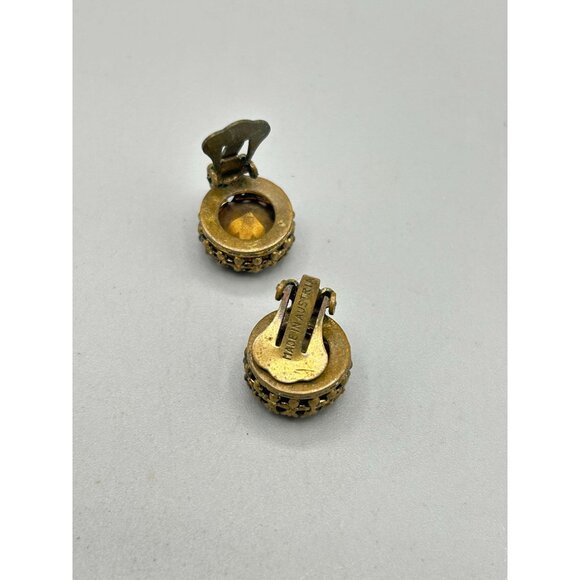 Vintage Austrian Amber Rhinestone Clip On Earrings Brass Setting Made in Austria - Picture 5 of 6